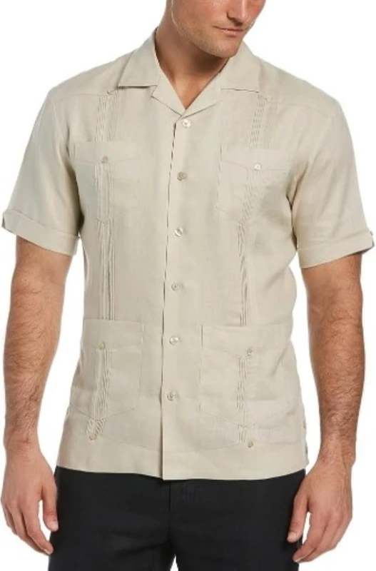 Cubavera Men's 100% Linen Short Sleeve Button-Down Guayabera Shirt with Four Pockets, Camp Collar, Pintuck Detail, Natural Linen, 3XL Big
