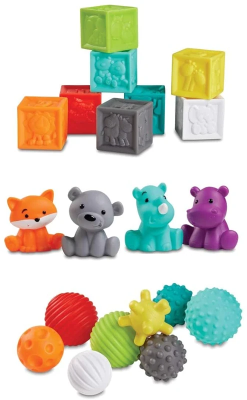 INFANTINO Sensory Balls Blocks & Buddies - 20 piece basics set for sensory exploration, fine and gross motor skill development and early introduction to colors, counting, sorting and numbers
