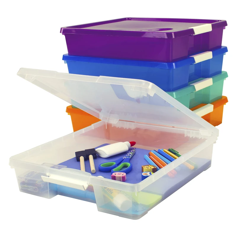 Storex Classroom Student Project Box, Plastic, 15.25 x 13.25 x 3.25 inches, Assorted Tints, 5-Pack (63202U05C), standard sized