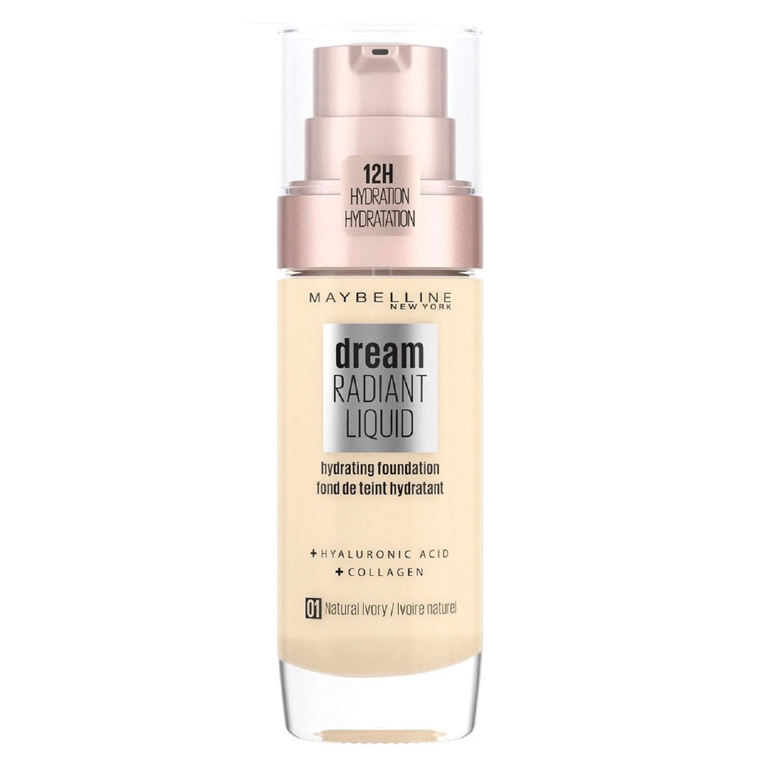 Maybelline Foundation, Dream Radiant Liquid Hydrating Foundation with Hyaluronic Acid and Collagen, Lightweight, Medium Coverage Up to 12 Hour Hydration, 01 Natural Ivory, 30 ml (Pack of 1)