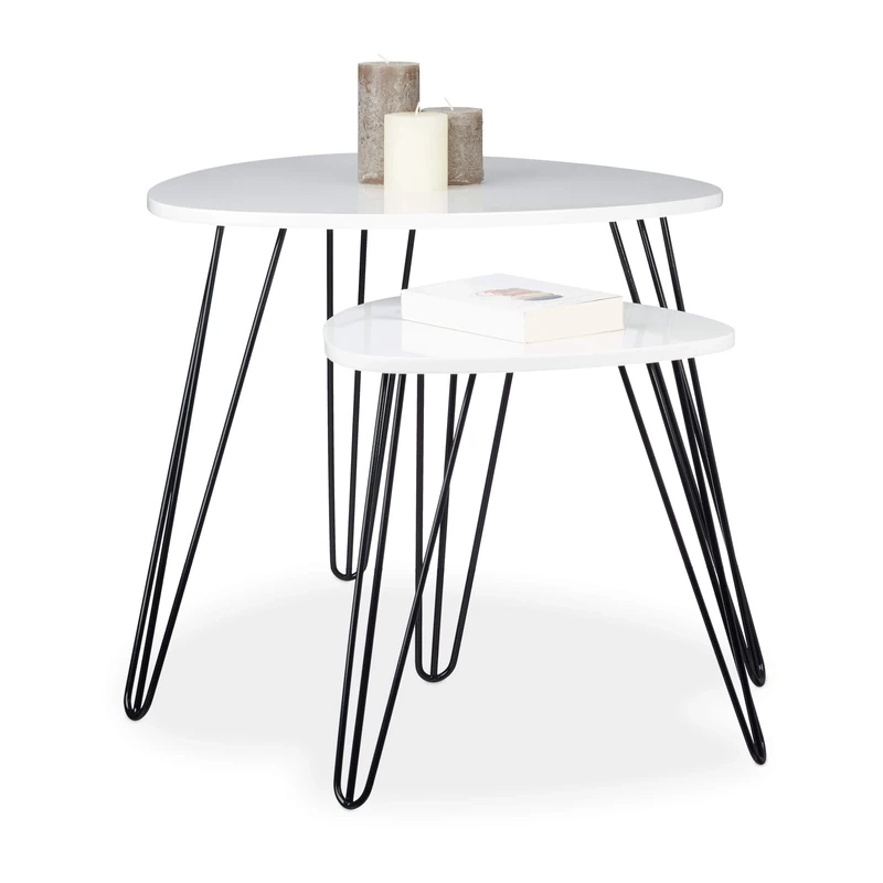 Relaxdays Set of 2 Side Tables, Square, 3 Legs, Wood, Metal, 52 x 60 cm, Coffee Table, Living Room, Glossy, White