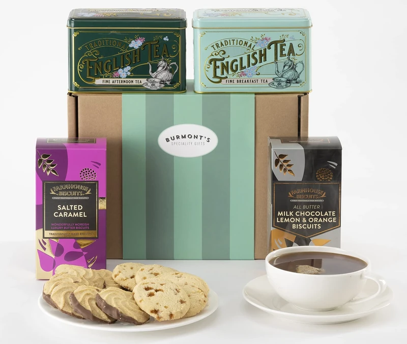 The Ultimate Tea & Biscuits Hamper - Including Breakfast & Afternoon Tea Tins, Salted Caramel Biscuits & Milk Chocolate Lemon & Orange Biscuits - Hamper Exclusive to Burmont's