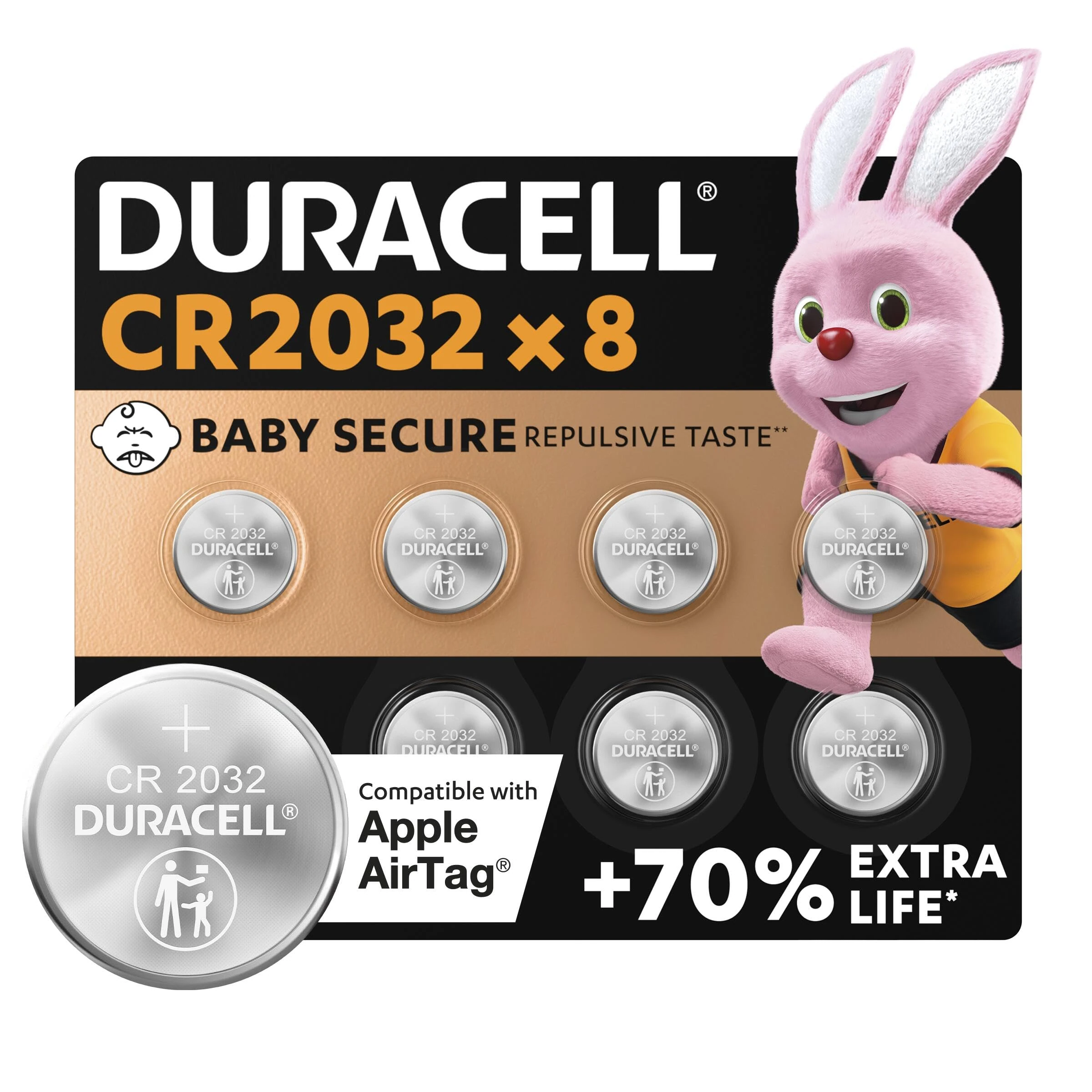 Duracell CR2032 Lithium Coin Batteries 3V (8 Pack) - Up to 70% Extra Life* - Baby Secure Technology & Packaging – For Apple AirTags, Key Fobs, Home Devices, Fitness and Medical Accessories