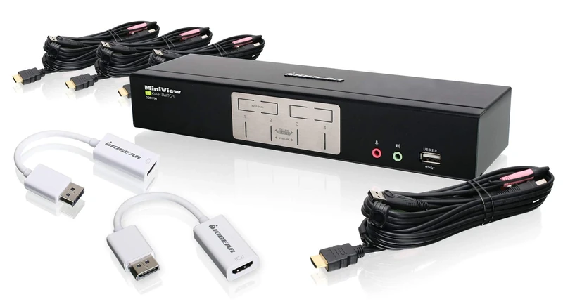 IOGEAR 4-Port HDMI & DisplayPort KVMP Kit with USB Hub & Audio, Black, Push Button Switch, Push Button Actuator, ON-NONE-ON Operation Mode - Image 1