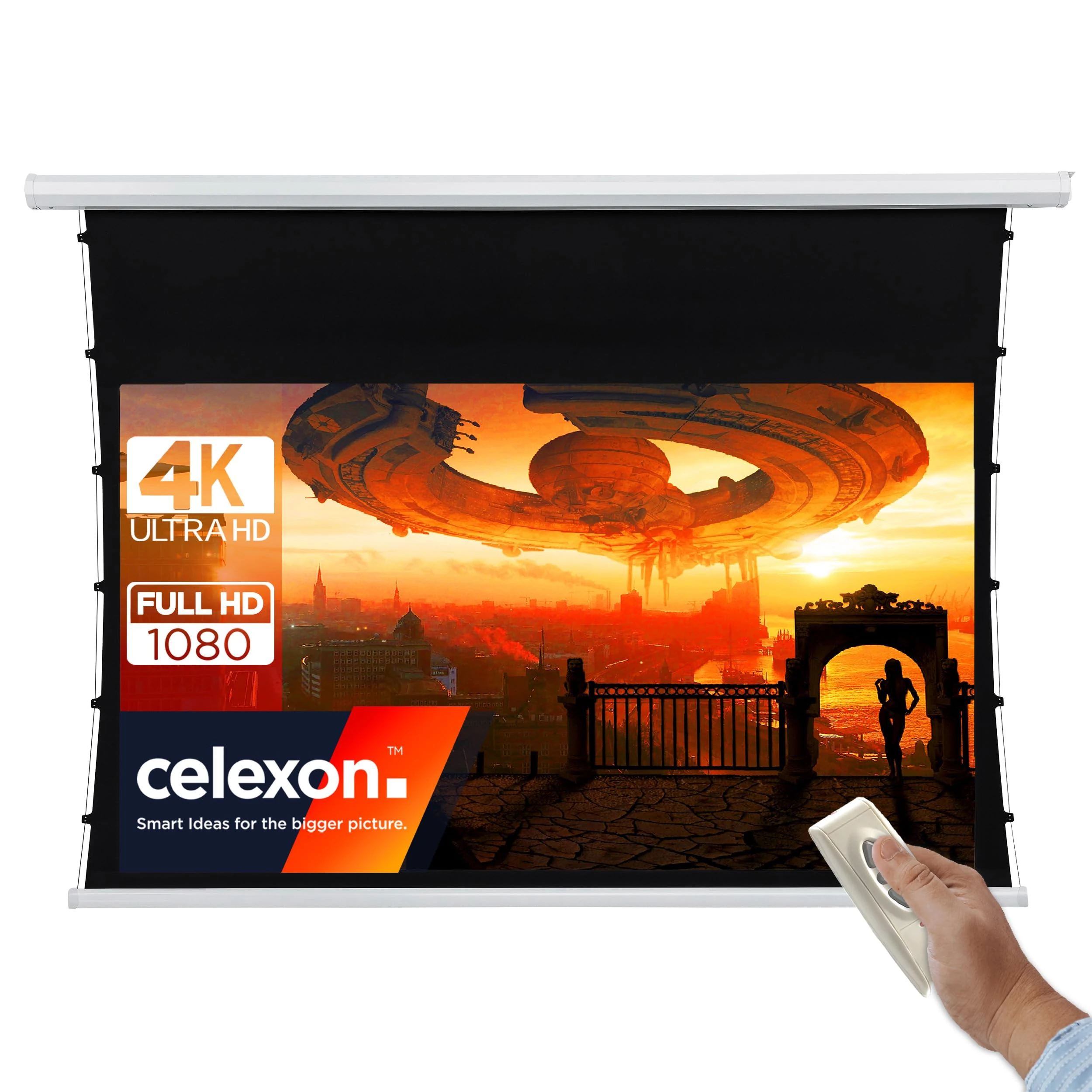 celexon basic Tension screen 90" | 200x113 cm 16:9 | Electric full HD 4K projector screen with tensioning system for home cinema | Ceiling/wall mounting possible | incl. remote control