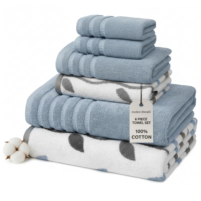 Pacific Coast Textiles 6 pc Yarn Dyed towel Organic Vines Cotton Blue,Single,40.6 x 25.4 x 12.7 cm