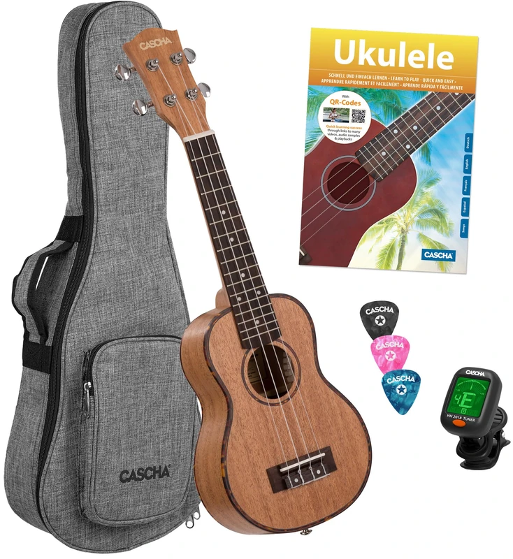 CASCHA HH 2027 DE Premium Mahogany Soprano Ukulele Bundle with AQUILA strings, German ukulele method with DVD, padded bag and 3 picks