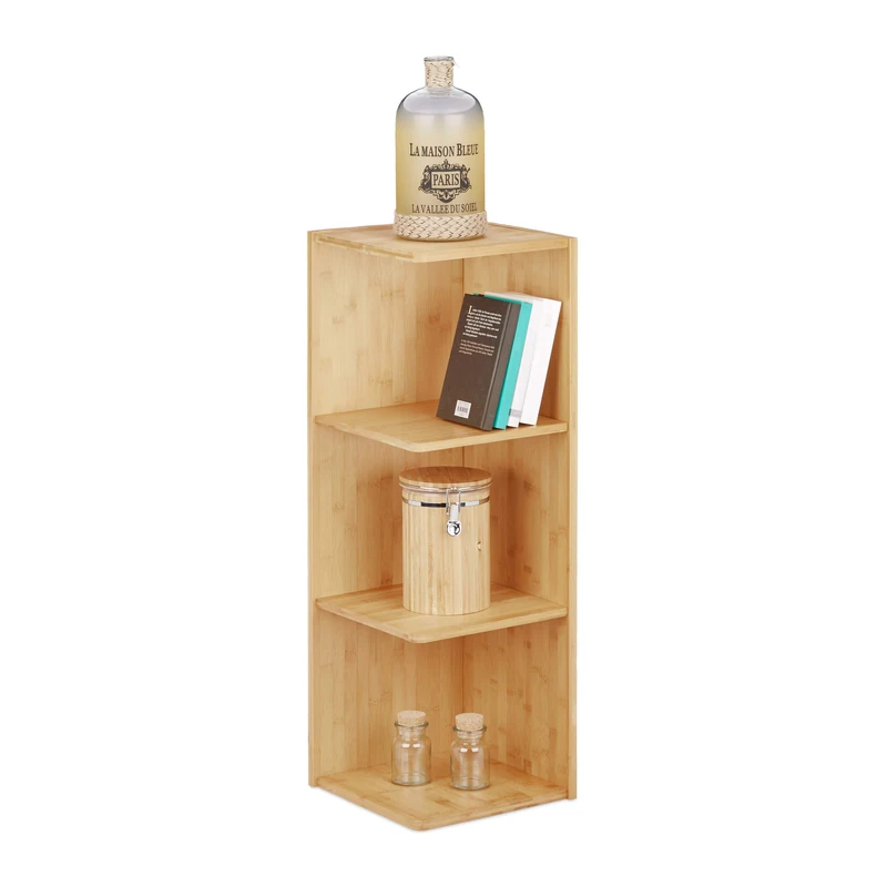 Relaxdays Bamboo Corner Shelf, 3 Shelves, HxWxD: 85.5 x 29 x 29 cm, Bookcase, Kitchen Storage Unit, Natural Brown, 29 x 29 x 85.5 cm