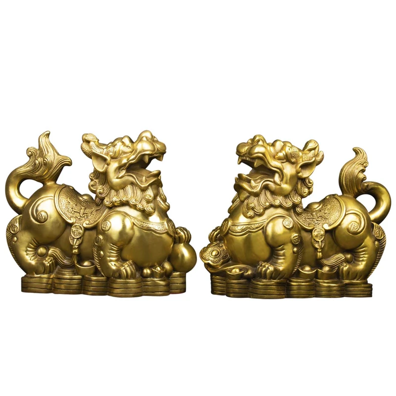 BRABUD Handmade Brass Feng Shui Pi Yao/Pi Xiu for Wealth Good Luck Figurine Collectible Home Decor Set of 2