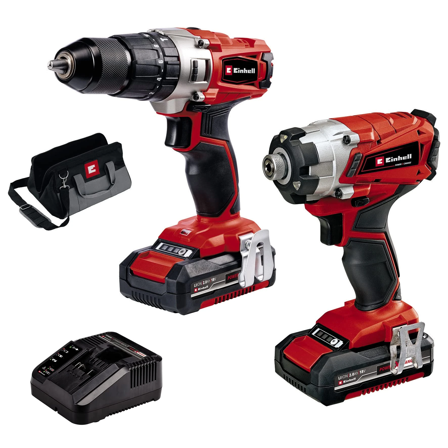Einhell Power X-Change 18V Cordless Drill And Impact Driver Set With 2 x Batteries, Charger And Storage Bag - TE-CD 18/44 Li-i + TE-CI 18/1 Li Brushless Combi Drills And Driver Sets Cordless