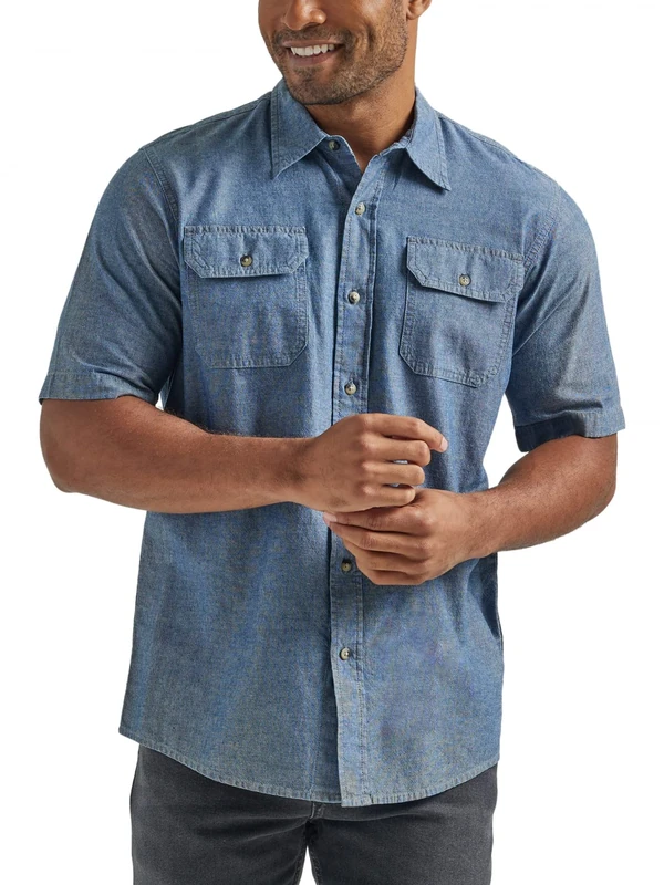 Wrangler Authentics Men's short Button Down Shirt, Dark Chambray, 3XL UK