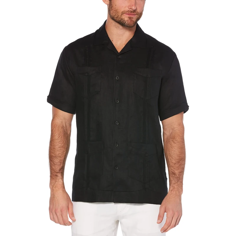 Cubavera Men's 100% Linen Four-Pocket Short Sleeve Guayabera (Size Small-5x) Button Down Shirt, Jet Black, 3XL Big