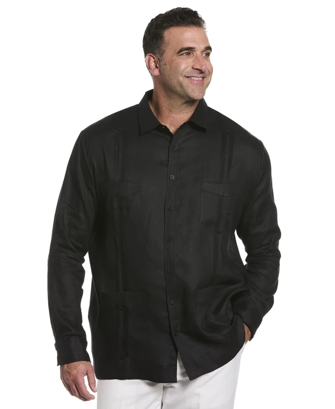 Cubavera Men's 100% Linen Four-Pocket Long Sleeve Guayabera (Size Small-5x Tall) Button Down Shirt, Jet Black, 4XL Big