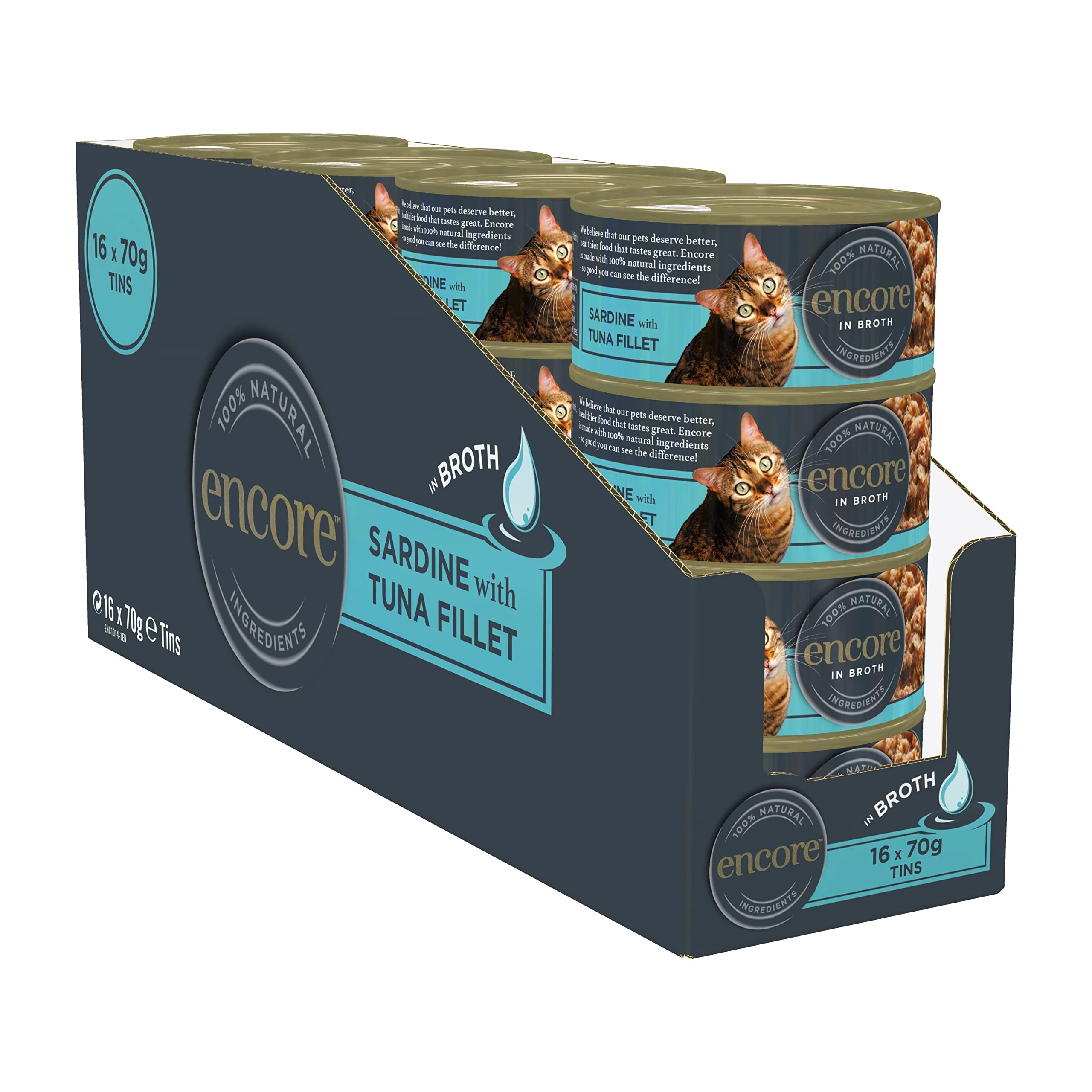 Encore 100 Percent Natural Wet Cat Food, Sardines with Tuna in Broth, 70g Tin (Pack of 16 Tins)