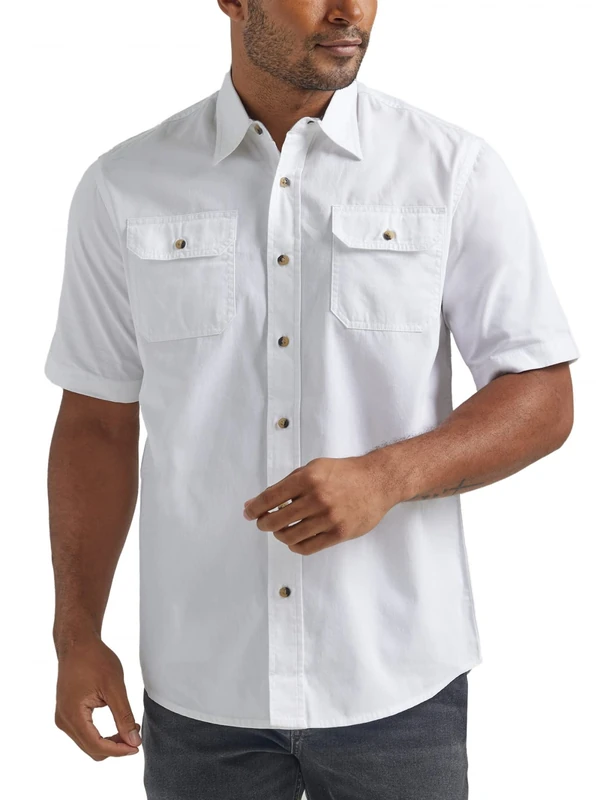 Wrangler Authentics Men's Short Sleeve Classic Woven Shirt Button, Bright White, XL