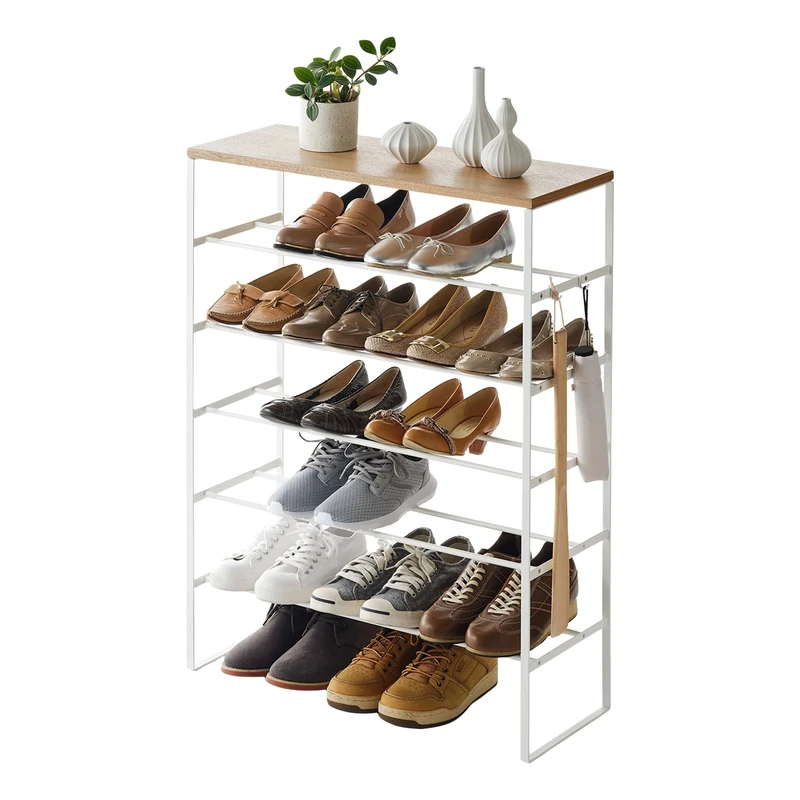 Yamazaki 3369 TOWER 6-Tiered Shoe Rack with Wooden Top Board, White, Steel/Wood, Minimalist Design, 66 x 25 x 87 cm (LxWxH)