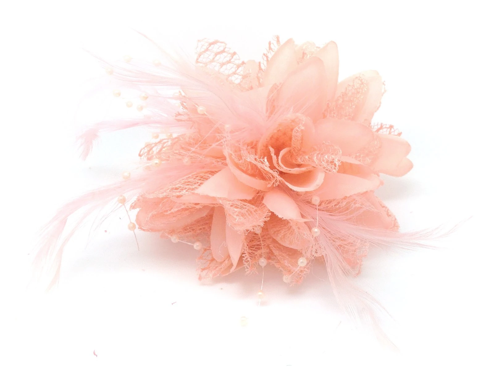 Flower Feather Bead Corsage Hair Clips Fascinator Hairband and Pin (Nude Peach)
