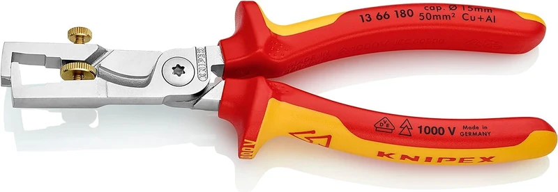 KNIPEX Strix Insulation Strippers with Cable Shears Chrome-Plated Insulated with Multi-Component Grips, VDE-Tested 180 mm, 13 66 180
