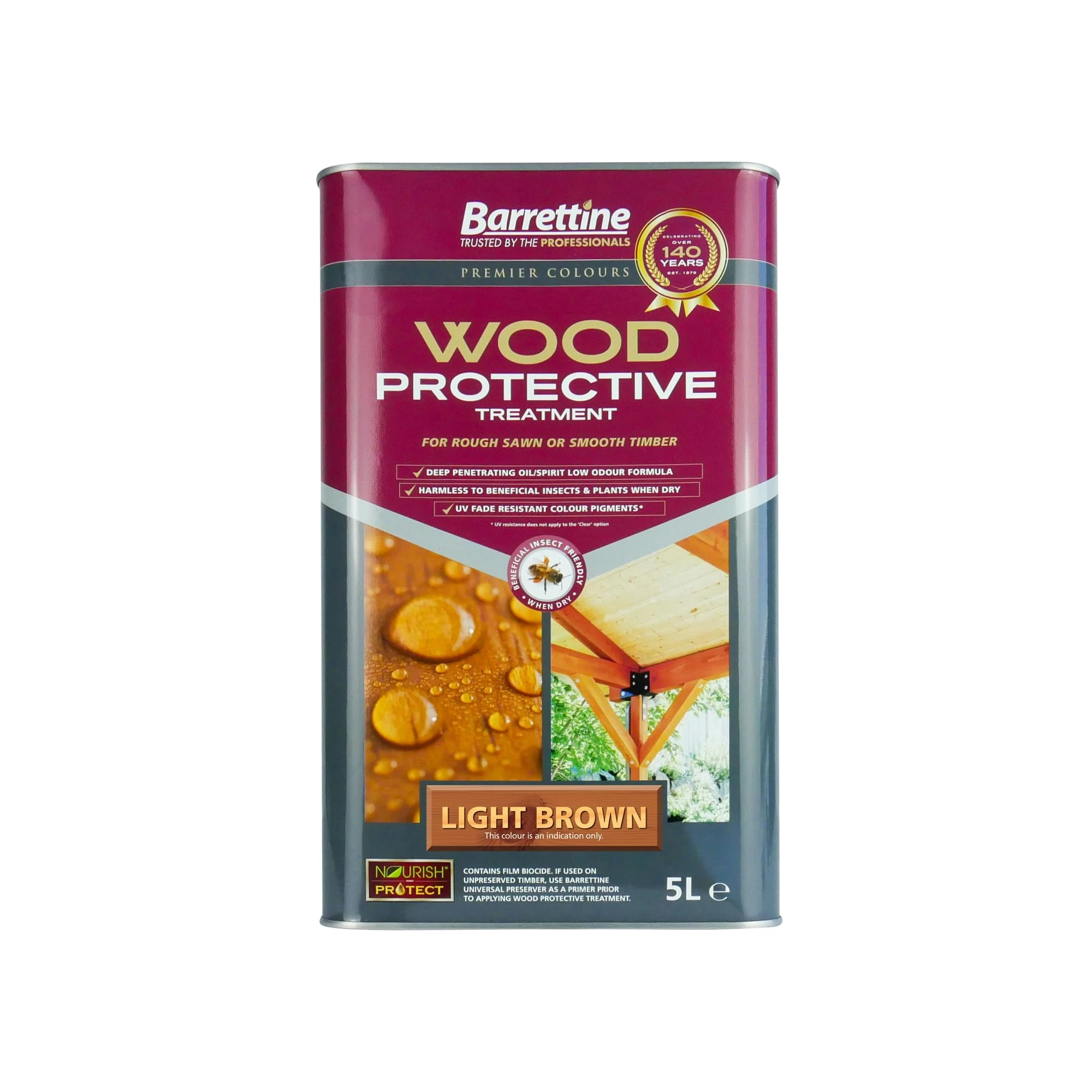 Barrettine Wood Protective Treatment (Light Brown, 5L) - Ideal Treatment for Outdoor Treated Timber Structures. Wood Protector Oil with Water Repellent Qualities. UV & Fade Resistant.