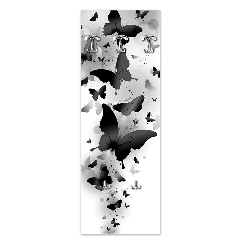 Lupia Wall Coat Rack 46x125 cm Black Butterflies Panel with Print, Wardrobe, Wall Hanger with 5 Hooks - Image 1