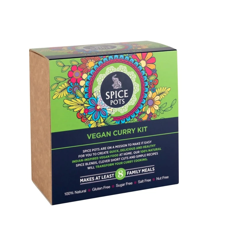 Vegan Curry Kit by Spice Pots - 100% Natural Ingredients - 4 x 40g Spice Blends - 8 Vegetarian Curry Recipe Booklet - Korma, Bhuna, Goan & Tandoori Masala Curry Powder - Vegan Gifts for Women & Men