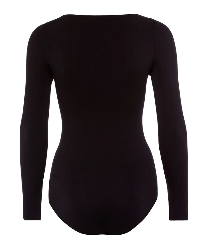 FALKE Women's Fine Cotton Crew Neck W Bo Soft Fabric Longsleeved 1 Piece Shapewear Bodysuit, Black 3009, XS 34-36