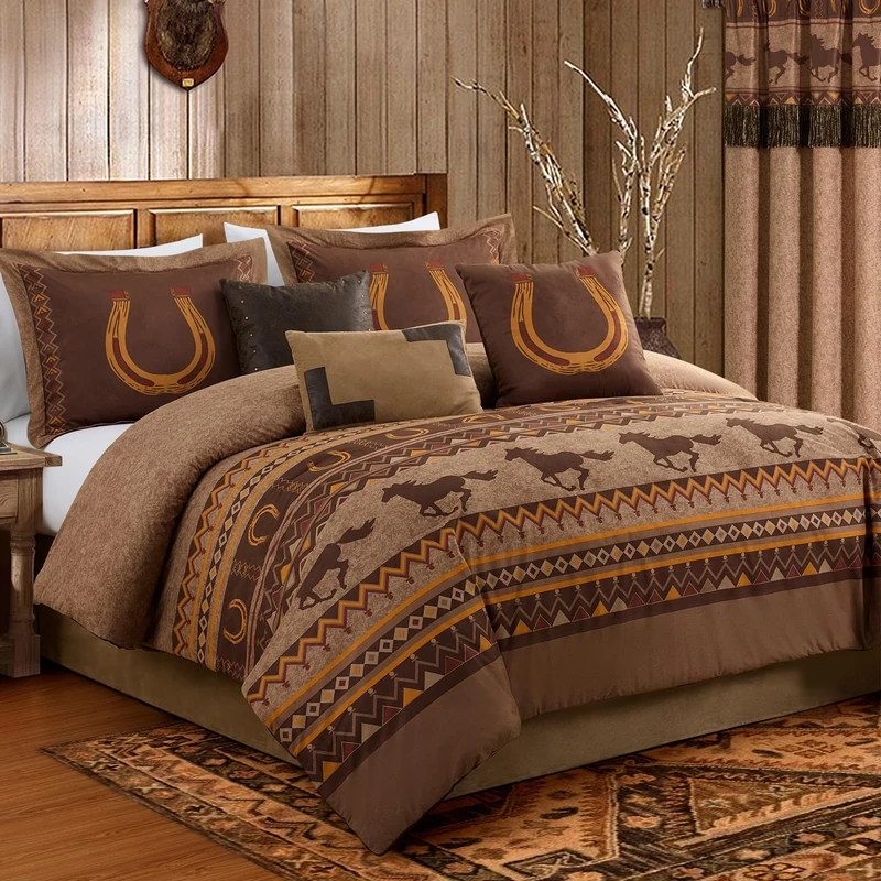Chezmoi Collection Sedona 7-Piece Southwestern Wild Horses Microsuede Bedding Comforter Set (Full), Polyester, Brown