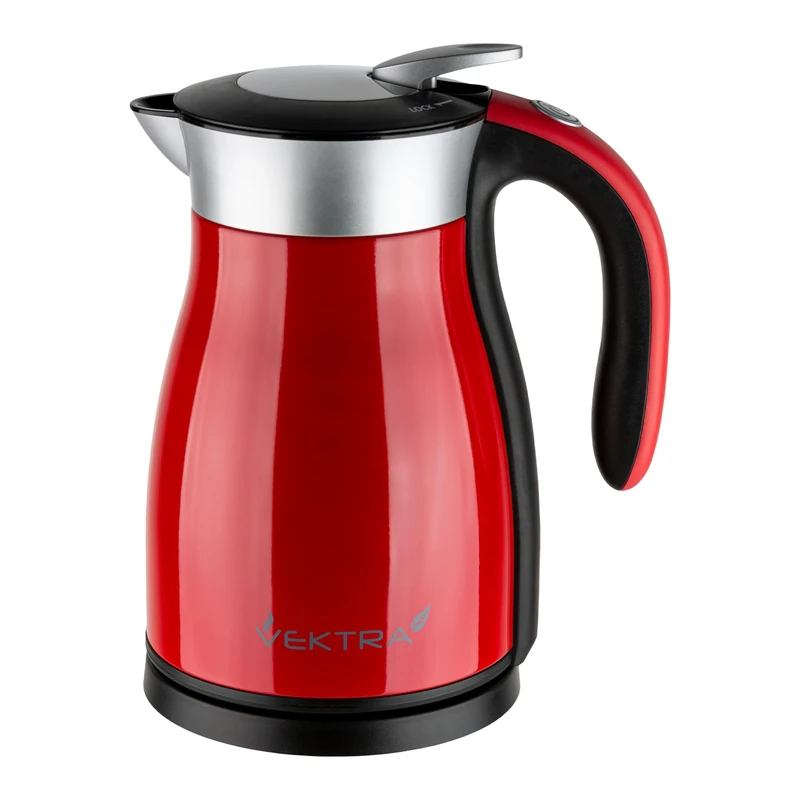 Vektra Kettle, Series 1 in Red, vacuum insulated environmentally eco-friendly kettle, stainless steel finish, 1.5 litre