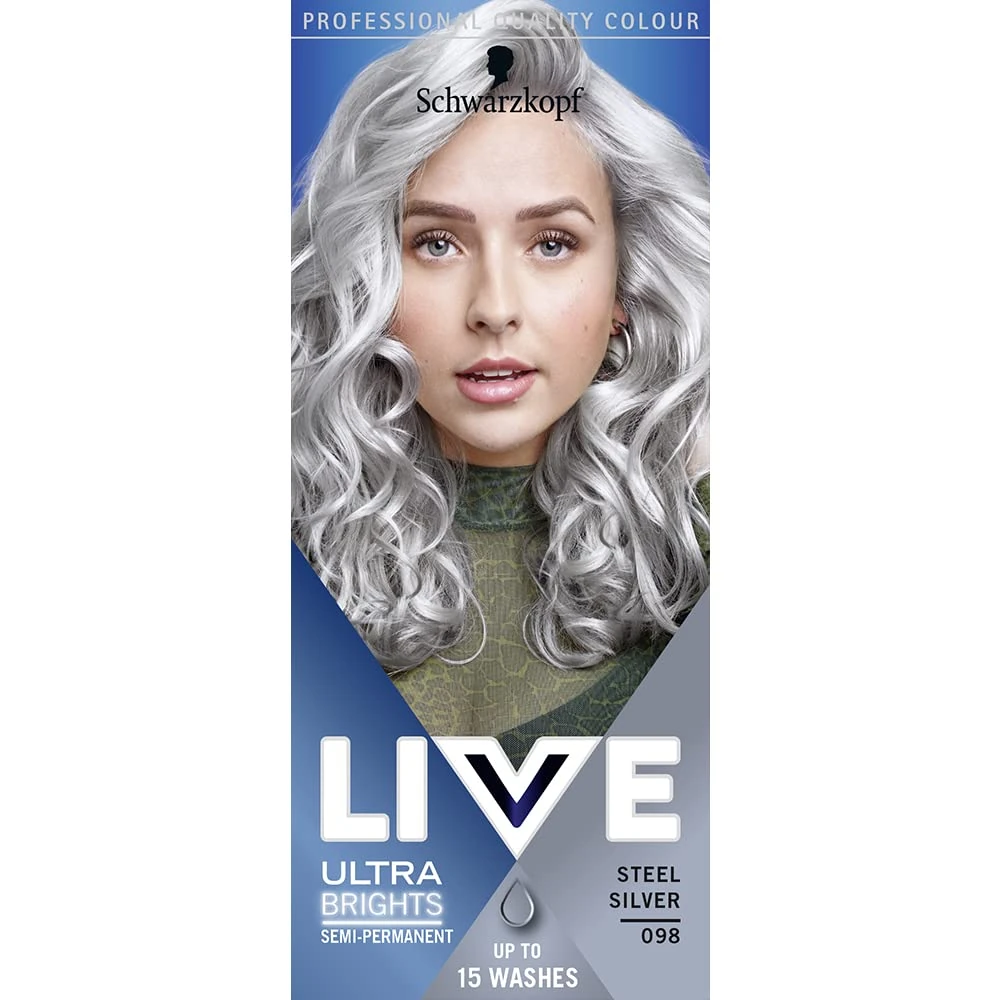 Schwarzkopf LIVE Ultra Brights Or Pastels, Vibrant Semi-permanent Silver Hair Dye, Lasts Up to 15 Washes- Steel Silver 098
