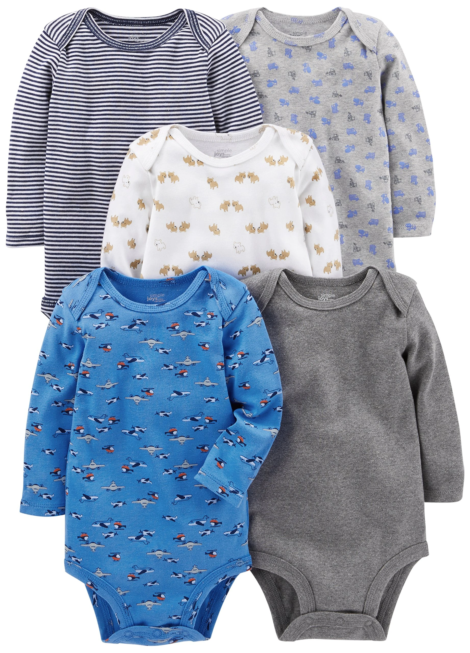 Simple Joys by Carter's Baby Long-Sleeve Bodysuit Pack of 5, Blue/Grey/White, 0-3 Months