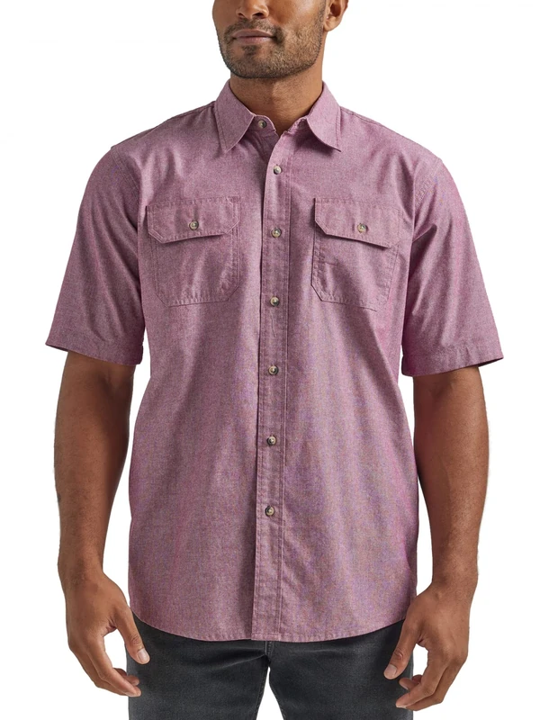 Wrangler Authentics Men's Short Sleeve Classic Woven Shirt Button, Tawny Port Chambray, S