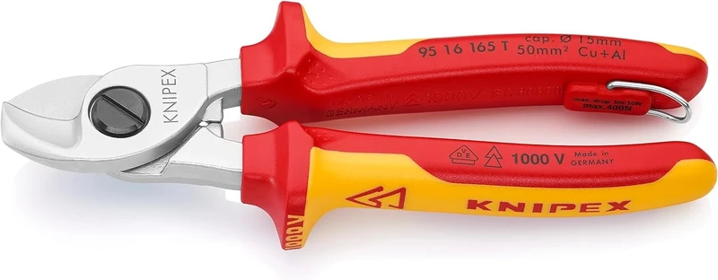 KNIPEX Cable Shears Chrome-Plated Insulated with Multi-Component Grips, VDE-Tested with Integrated Insulated Tether Attachment Point for, 95 16 165 T