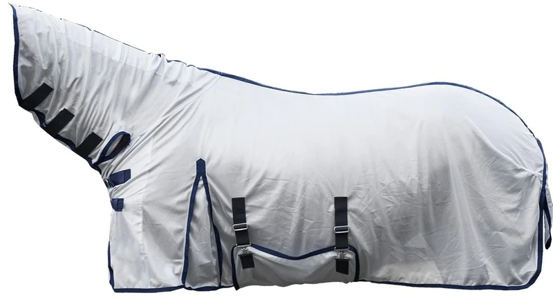 HKM 7076 Lyon Fly Blanket with Fixed Neck Piece, Fly Protection Blanket, Horse Blanket, Silver, 165 cm