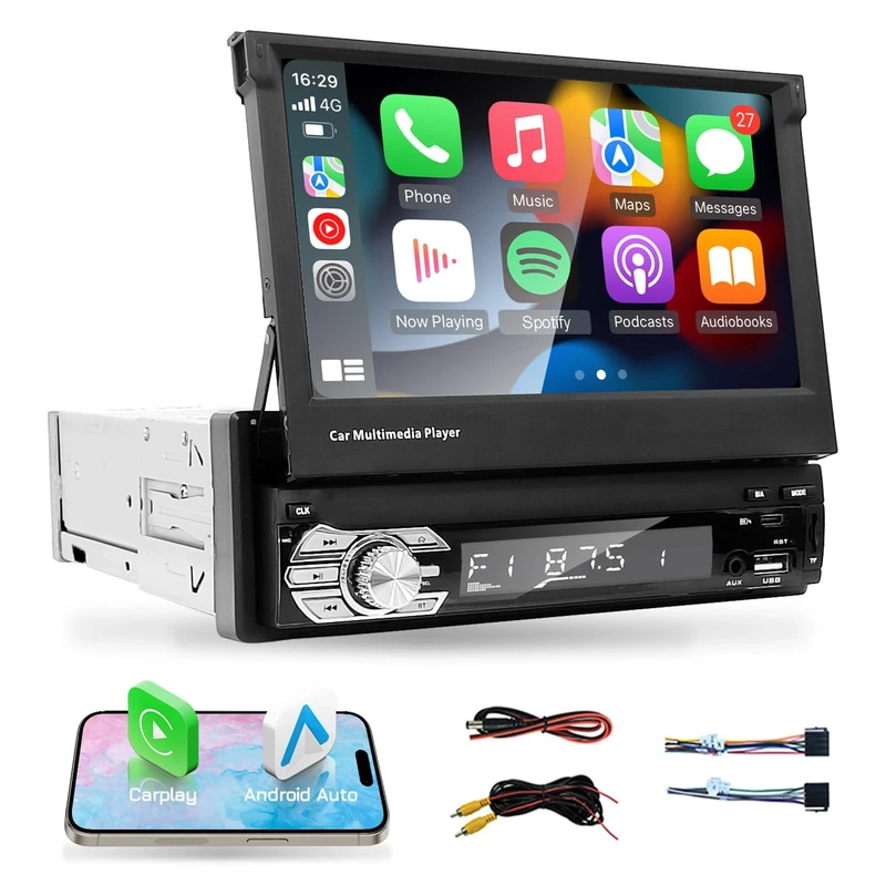 EZoneTronics Universal Single Din Bluetooth Car Radio Stereo,7 inch 1 din Flip Out Touch screen Car Multimedia MP5 Player with CarPlay Android Auto Bluetooth SWC/FM Radio/Aux/USB+Type-C Ports