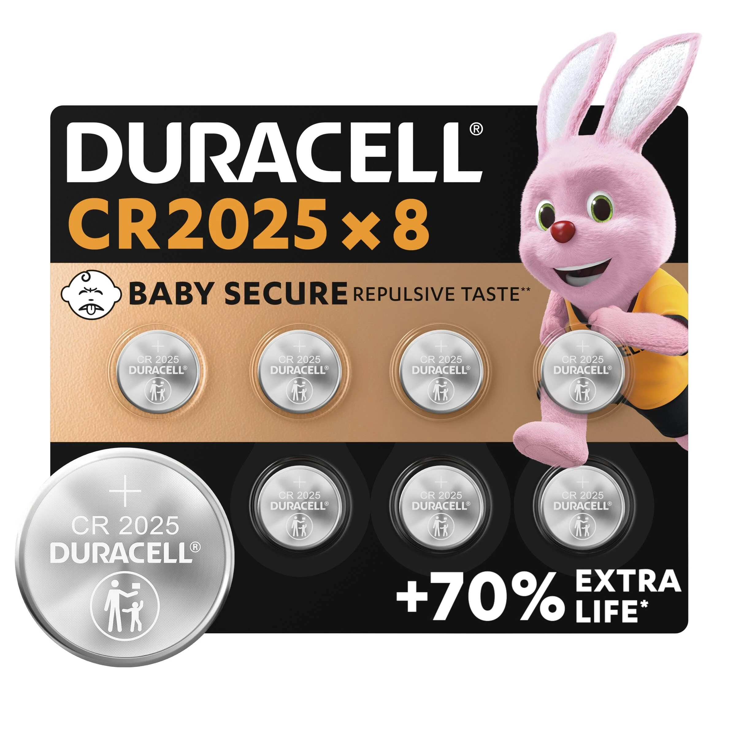 DURACELL 2025 Lithium Coin Batteries 3V (8 Pack) - Up to 70% Extra Life - Baby Secure Technology - For Use in Key Fobs, Fitness Watches and 3D Glasses - Baby Secure Packaging