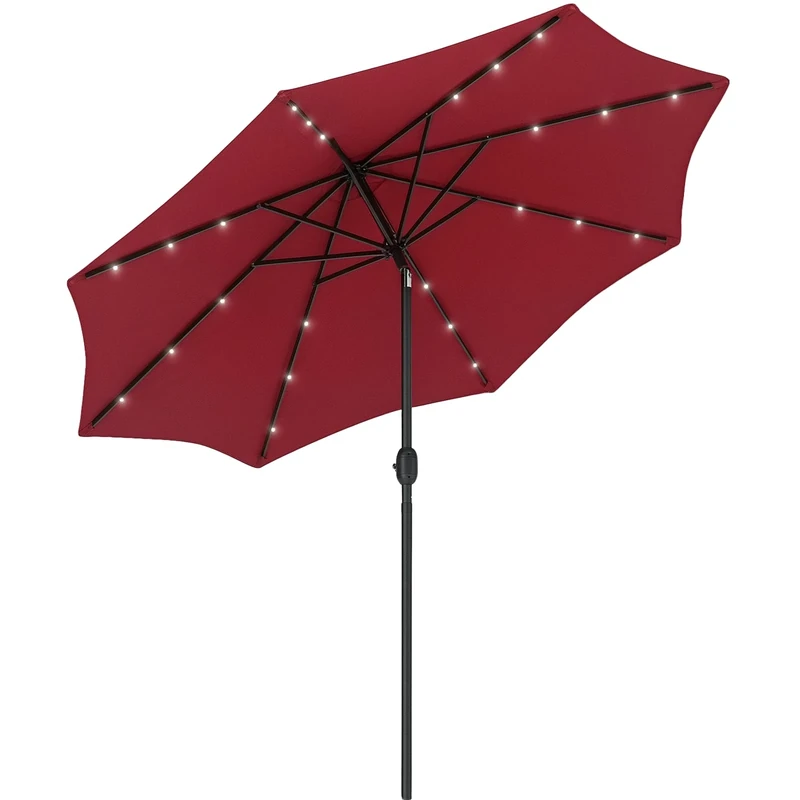 Outsunny 2.7m Patio Garden Umbrella Outdoor Parasol Outdoor Market Table Umbrella with Tilt Crank and 24 LEDs Lights (Wine Red)