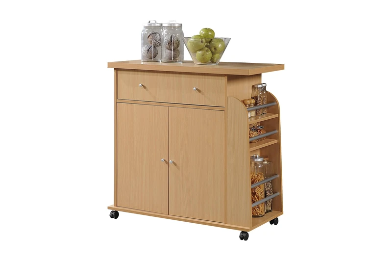 Hodedah Kitchen Cart with Spice Rack in Beech