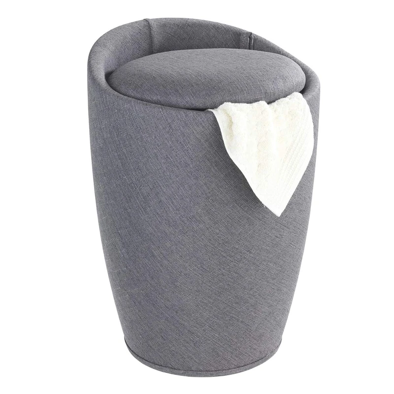WENKO 22448100 Stool Candy Grey Linen Look - bathroom stool, laundry bin with removable laundry bag, Acrylonitrile-Butadiene-Styrene (ABS), 36 x 50.5 x 36 cm, Grey - Image 1