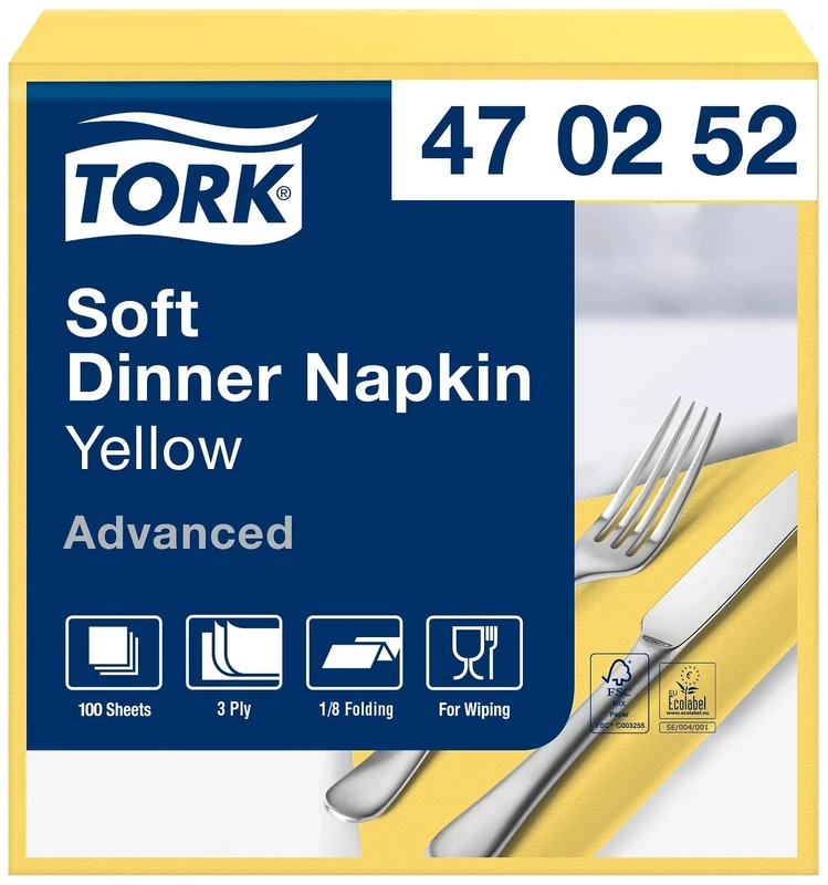 Tork 470252 Soft Yellow Dinner Napkin 1/8 Folded / 3 Ply Advanced, Absorbent Unprinted Serviette in Bright Yellow / 12 x 100 Sheets (WxL: 9.8cm x 19.5cm)