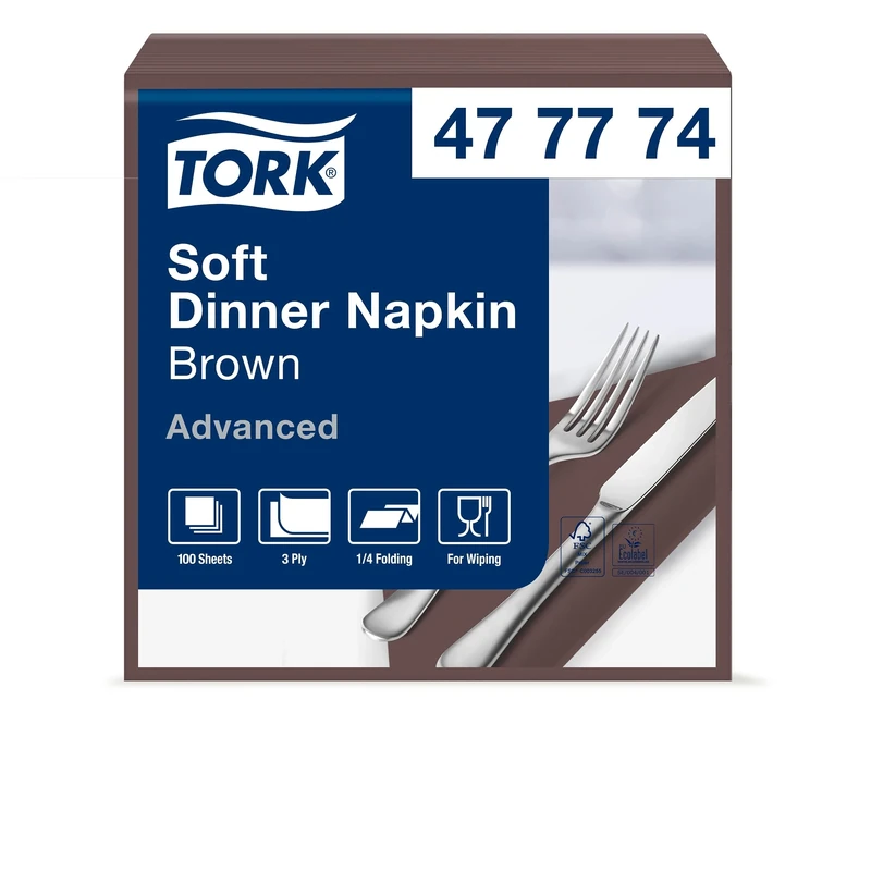 Tork 477774 Soft Brown Dinner Napkin / 3 Ply Advanced, Unprinted Serviette in Dark Brown / 12 x 100 sheets (WxL: 19.5cm x 19.5cm)