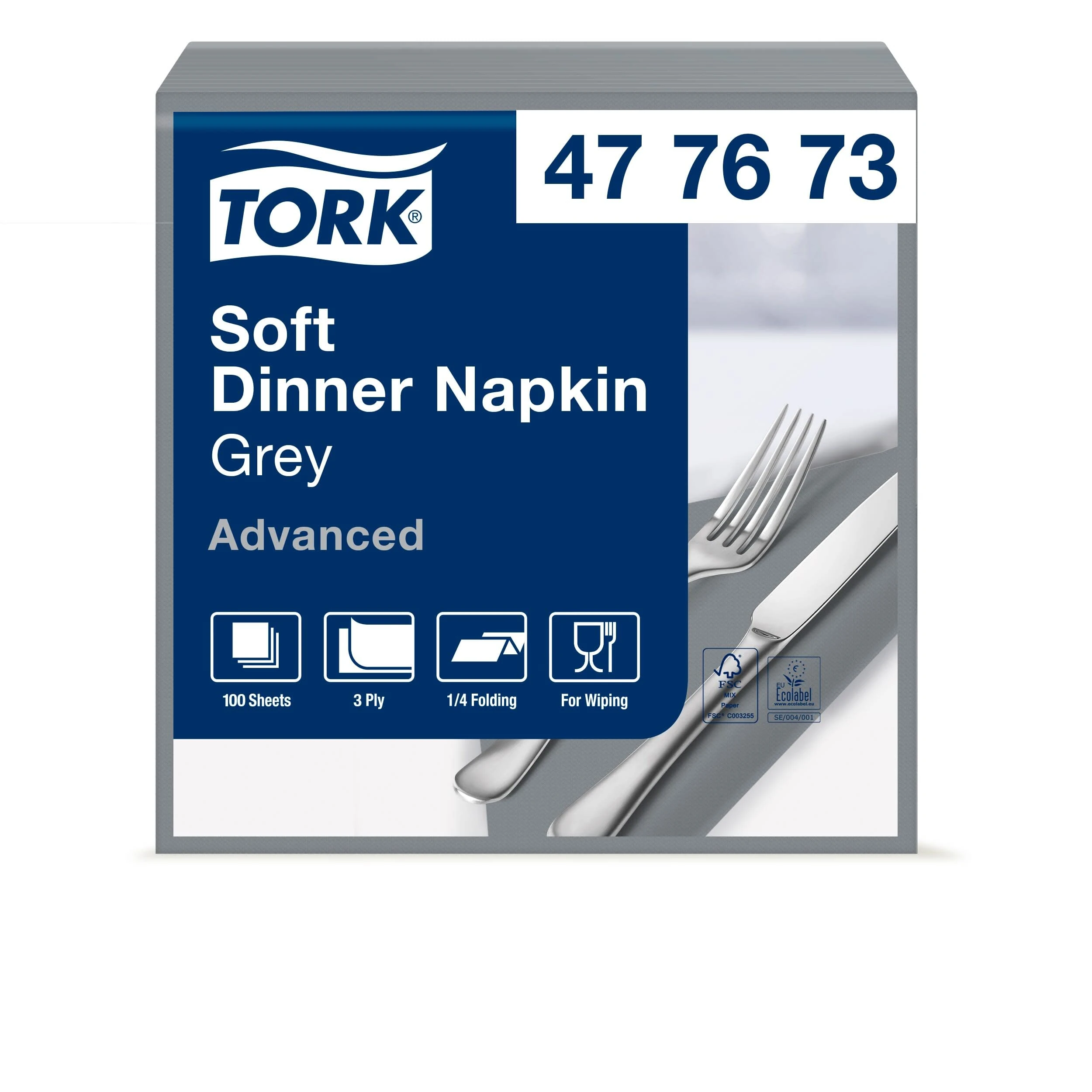 Tork 477673 Soft Grey Dinner Napkin / 3 Ply Advanced, Unprinted Serviette in Grey / 12 x 100 Sheets (WxL: 19.5cm x 19.5cm)