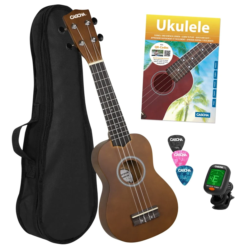 CASCHA Soprano Ukulele Set for Children and Adults I Ukulele Starter Kit with 3 Picks Bag Textbook Learning Videos via QR Code Tuner I Set Aquila Strings Nylon I Small Hawaiian Guitar Brown