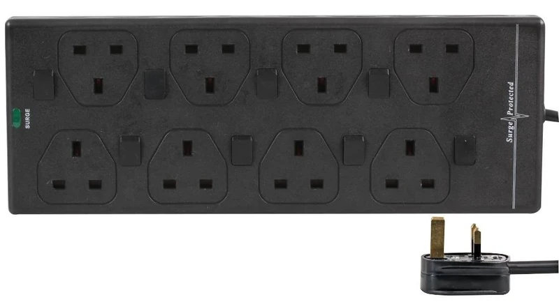 PRO ELEC 8 Gang Surge Protected Extension Lead – 1m Cable, Individually Switched Sockets, UK Plug, Black – LED Surge Indicator & Mountable Design – PELB1938