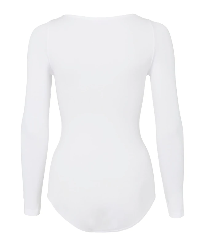 FALKE Women's Fine Cotton Crew Neck W Bo Soft Fabric Longsleeved 1 Piece Shapewear Bodysuit, White 2209, XS 34-36