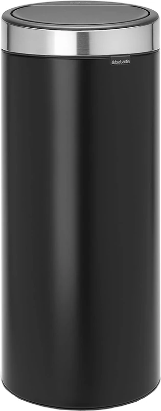 Brabantia 30 L Kitchen Touch Bin New (Matt Black/Matt Steel FPP) Removable Lid, Soft-Touch Open, Easy Clean Rubbish Waste Bin + Free Bin Bags