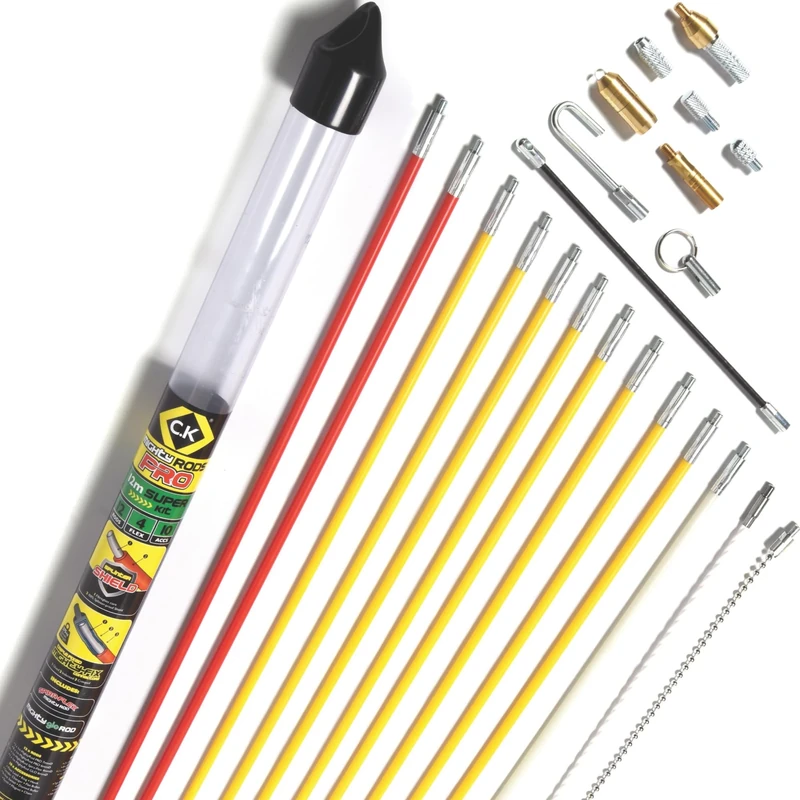 C.K MightyRods Pro 12m Cable Rods Super Kit, 100% Splinter Proof, 4 Rod Flexibilities, Electric Wire Puller, Cable Installation Access Fishing Tool, Electrical Fish Tape, Electricians Tools, CK T5422