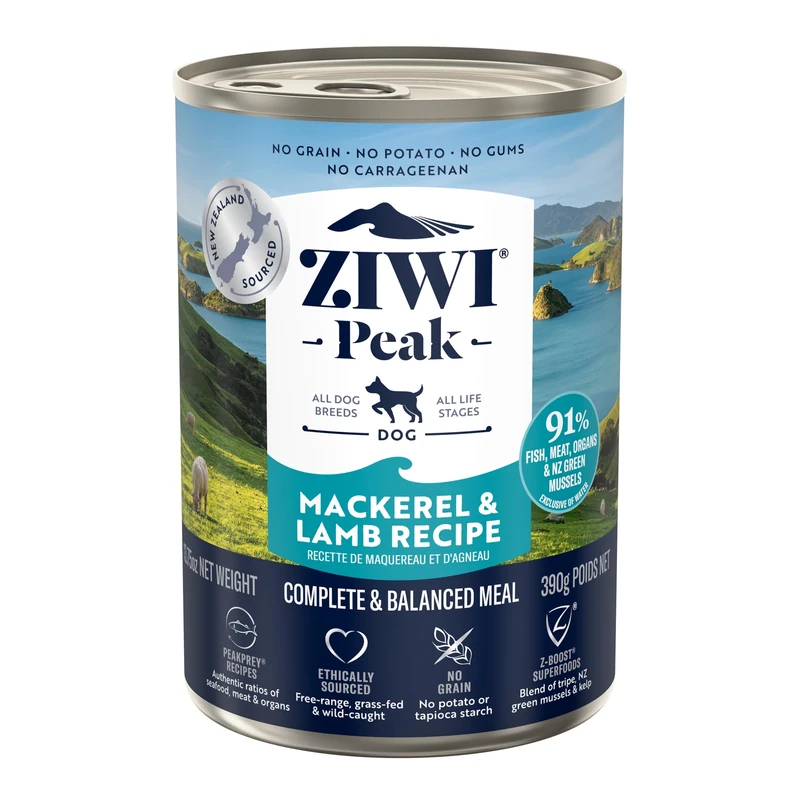 ZIWI Peak Wet Dog Food Tins - Complete Grain Free Dog Wet Food Pate Puppy/Adult/Senior - New Zealand Mackerel & Lamb Recipe - 12x 390g Multipack