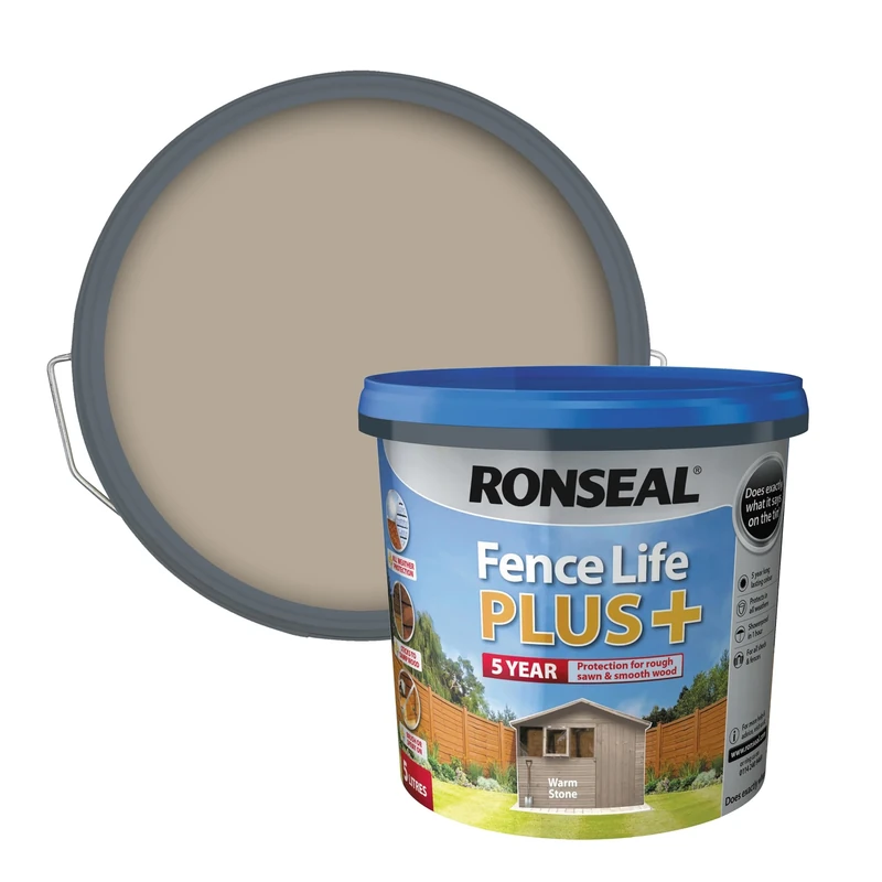 Ronseal Fence Life Plus+ Warm Stone 5L, 5 Year Long Lasting Protecion, All Weather Protection, Sticks to Damp Wood, Brush or Spray on, For all Sheds and Fences also Showerproof in 1 Hour