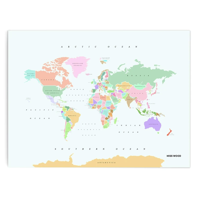 Miss Wood Watercolour Retro XL World Map made of Cork and Wood, multi-coloured, 90 x 60 x 0.4 cm