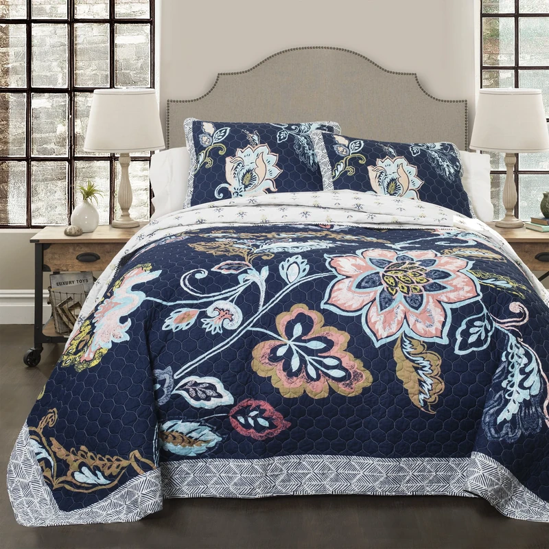 Lush Decor Quilt Flower Pattern Reversible Navy 3 Piece Lightweight Bedding Set, Cotton, queen